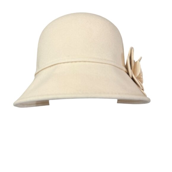 Samething Special 90s Cloche Hat Womens Wool Beige Flower Accent Vintage Style - Picture 7 of 13